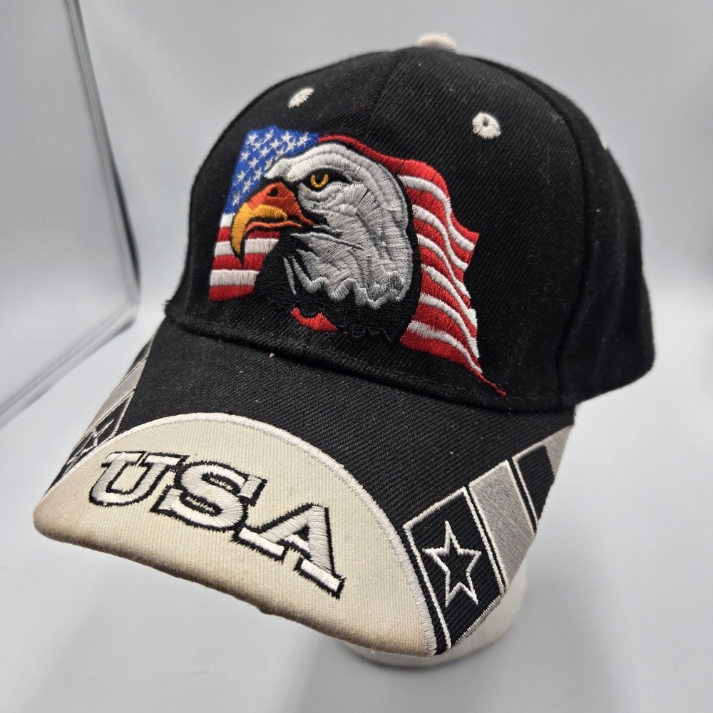 Vtg Trucker USA Hat Cap Strap Back Black Embroidered Eagle American Flag Patriot
